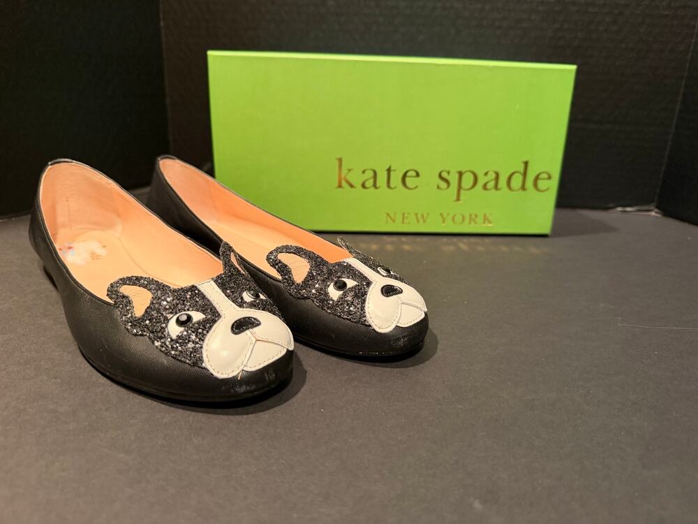 IOB Kate Spade Winthrop Ballerina Flats In Black French Bulldog Sz 8.5